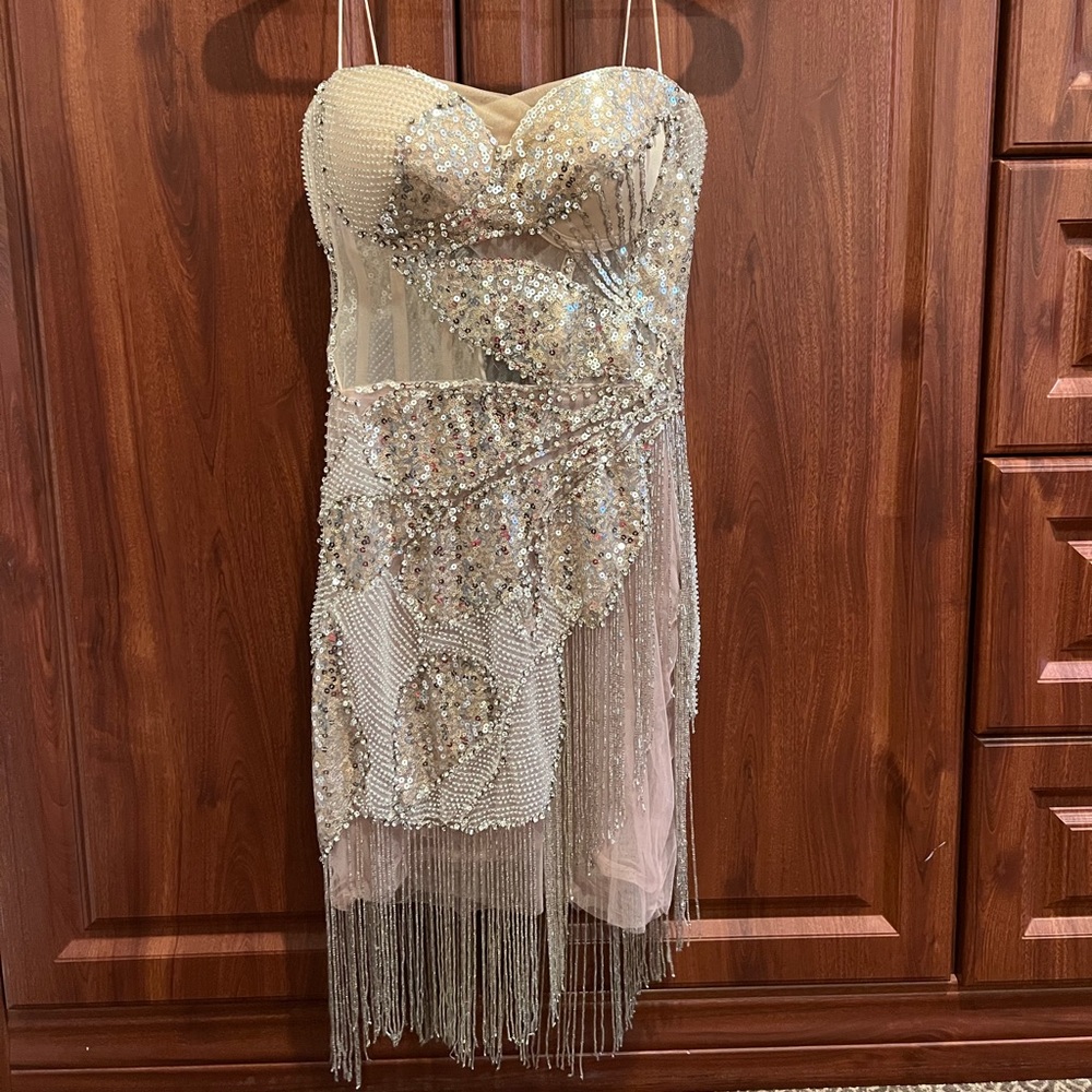 Embellished Beaded Champagne Fringe Cocktail Dress